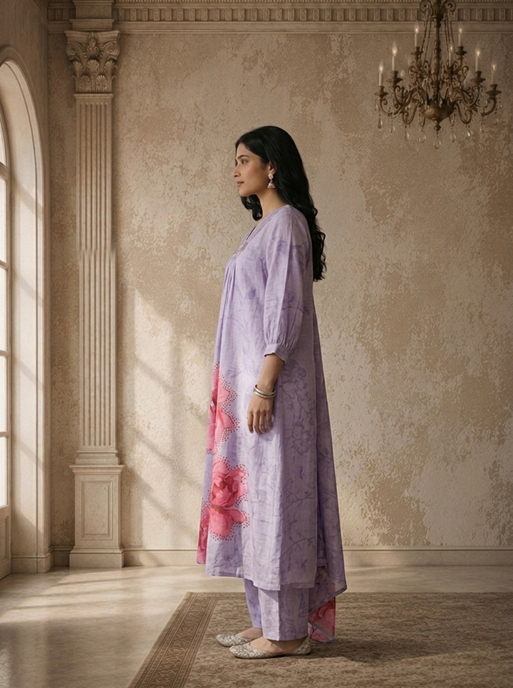 Lavender Silk Self Tone Printed Three Piece Set