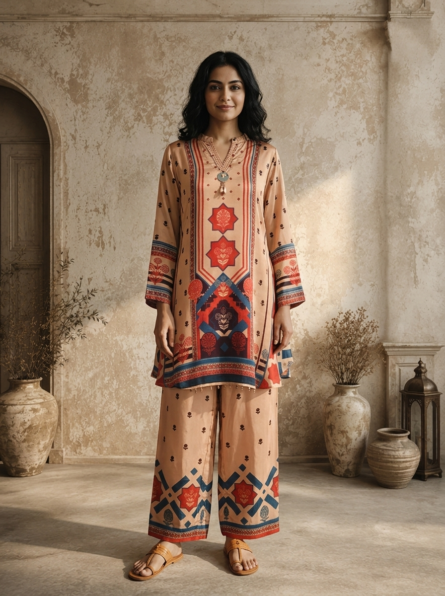 Brown Crepe Mughal Inspired Geometric Panel Printed Two Piece Set