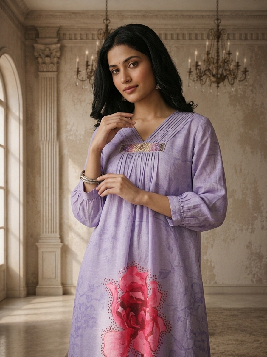 Lavender Silk Self Tone Printed Three Piece Set