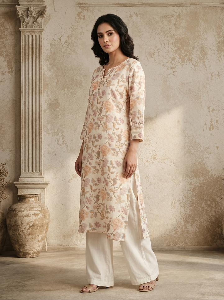 Beige Linen Digital Watercolor Floral Printed Kurta