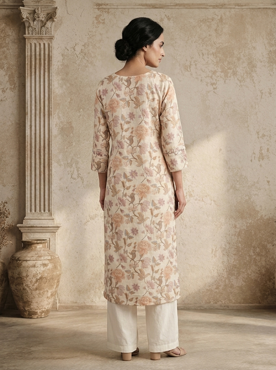 Beige Linen Digital Watercolor Floral Printed Kurta