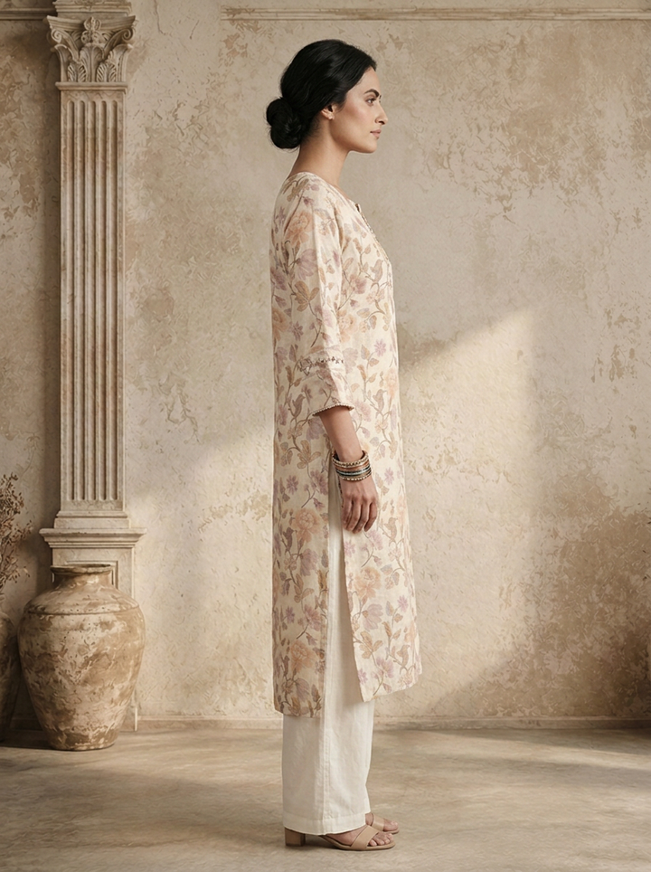 Beige Linen Digital Watercolor Floral Printed Kurta