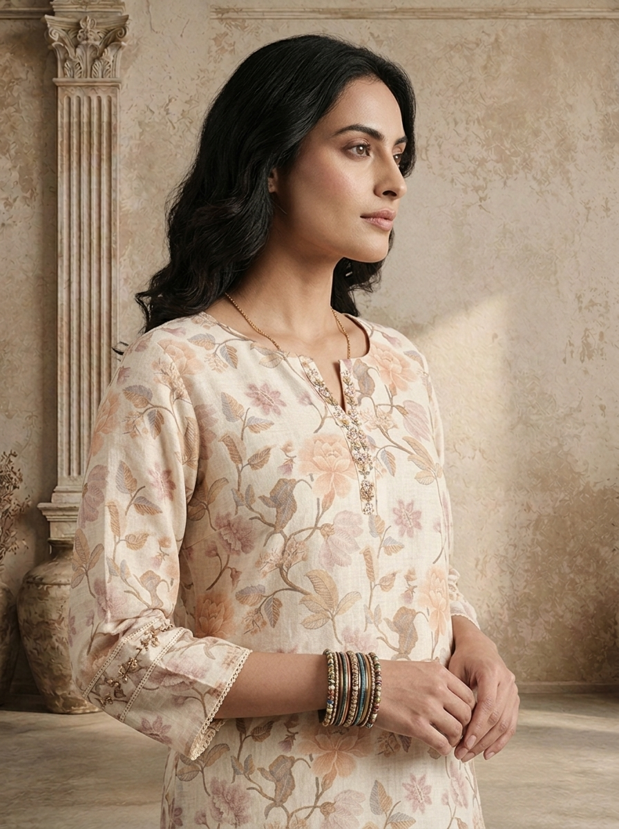 Beige Linen Digital Watercolor Floral Printed Kurta