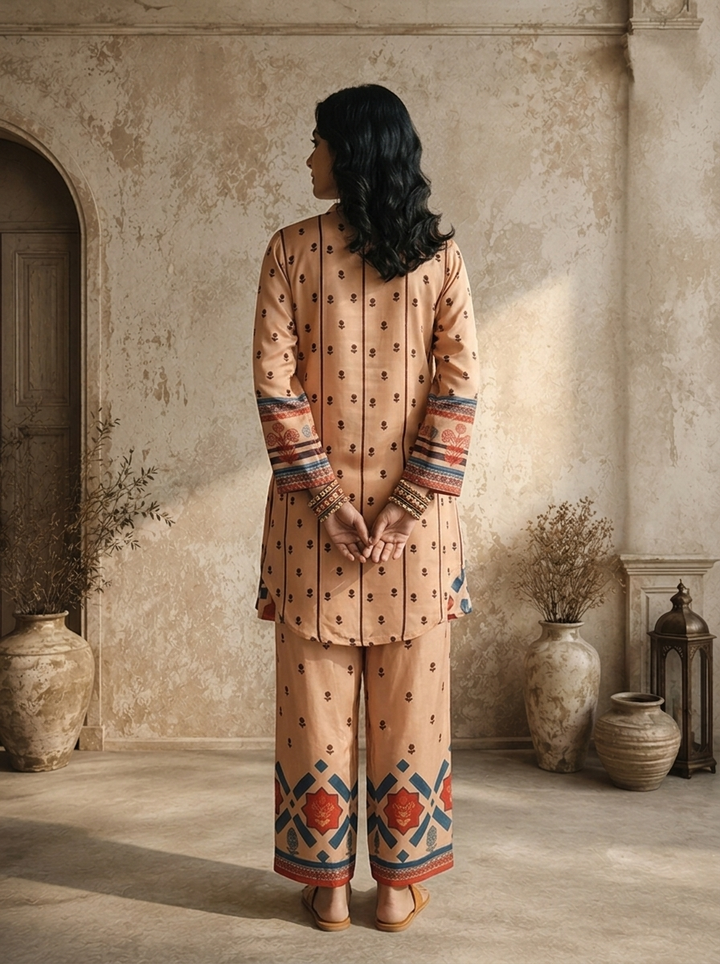 Brown Crepe Mughal Inspired Geometric Panel Printed Two Piece Set