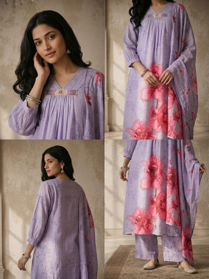 Lavender Silk Self Tone Printed Three Piece Set