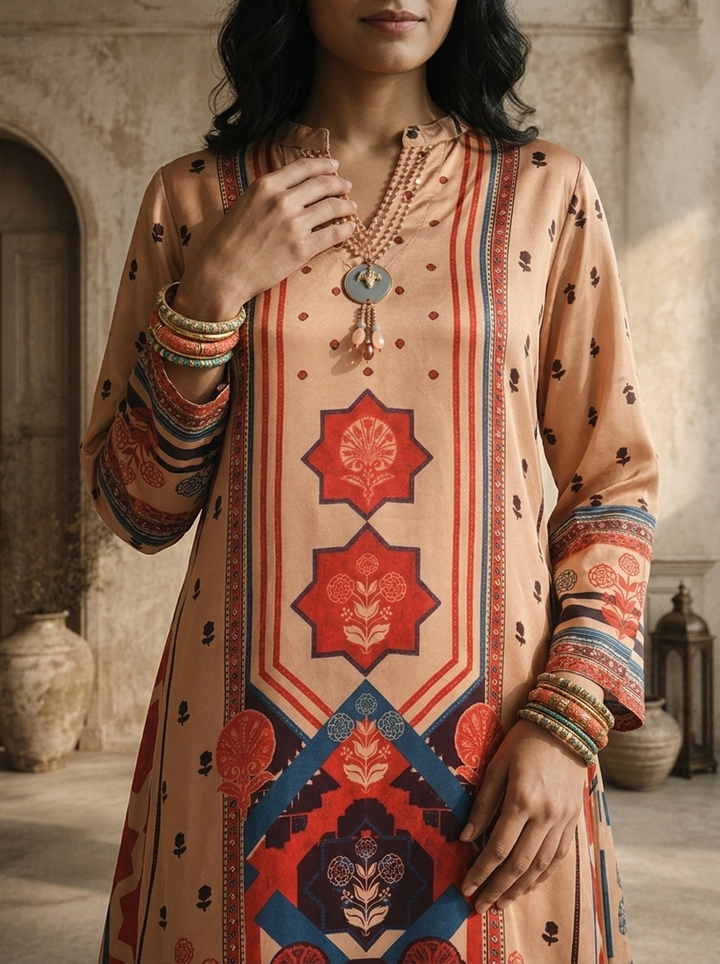 Brown Crepe Mughal Inspired Geometric Panel Printed Two Piece Set