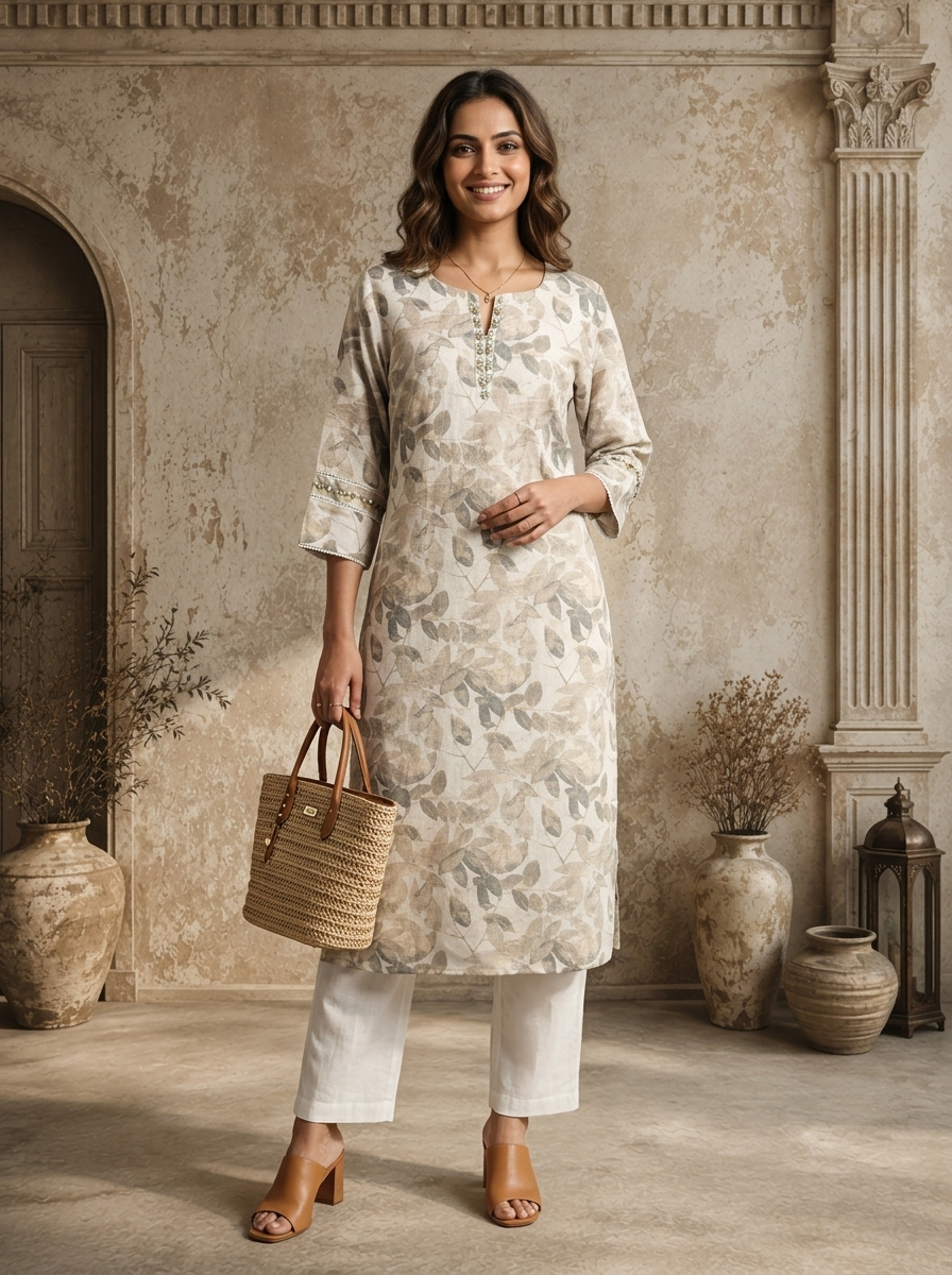 Grey Linen Botanical Leaf Printed Kurta