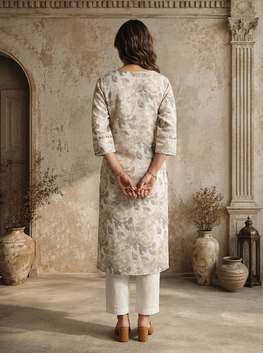 Grey Linen Botanical Leaf Printed Kurta