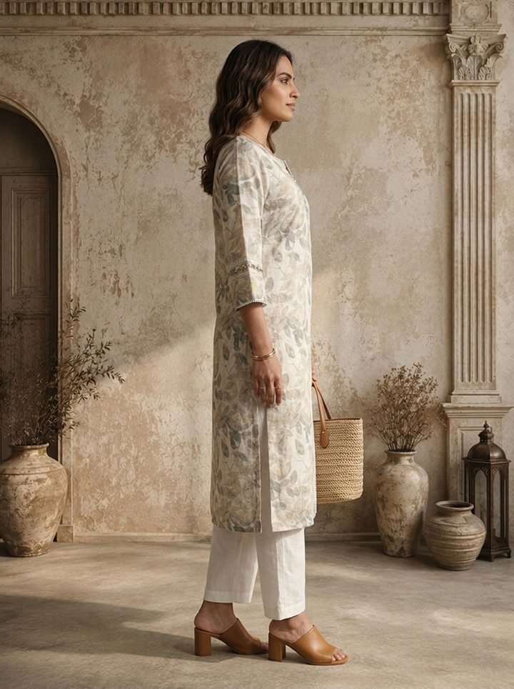 Grey Linen Botanical Leaf Printed Kurta