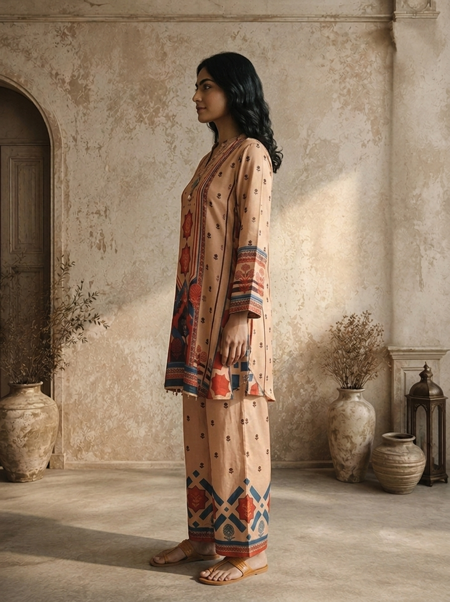 Brown Crepe Mughal Inspired Geometric Panel Printed Two Piece Set