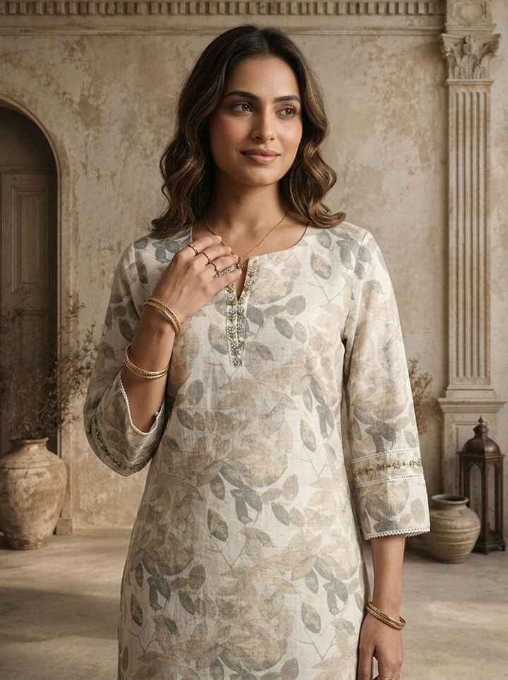 Grey Linen Botanical Leaf Printed Kurta