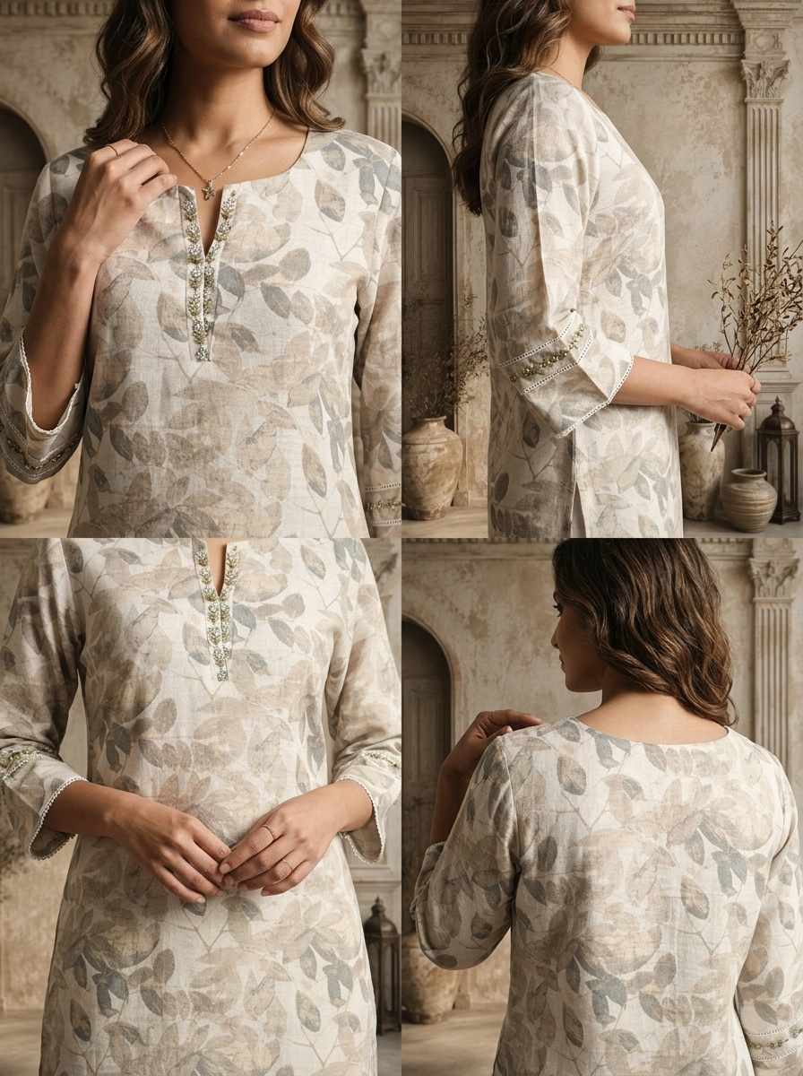Grey Linen Botanical Leaf Printed Kurta