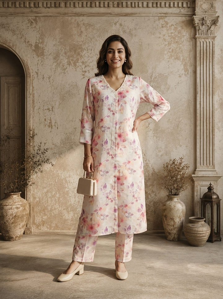 Off White Linen Digital Watercolor Floral Printed Kurta