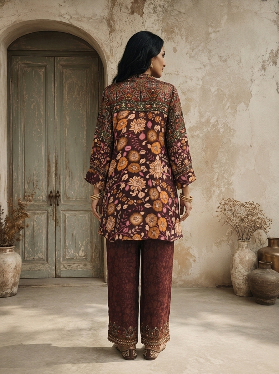Wine Crepe Mughal Floral Printed Two Piece Set
