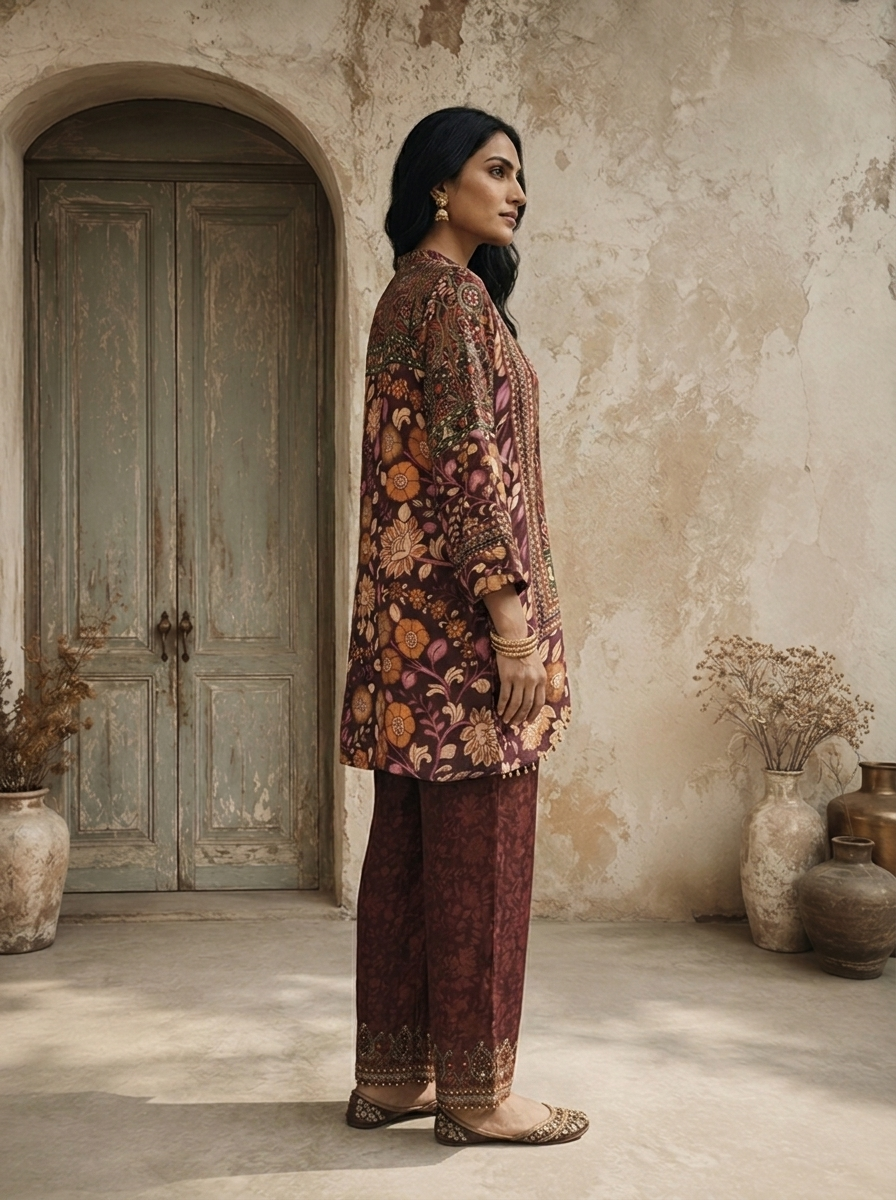 Wine Crepe Mughal Floral Printed Two Piece Set
