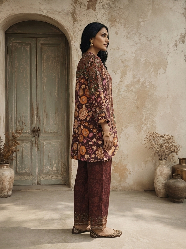 Wine Crepe Mughal Floral Printed Two Piece Set