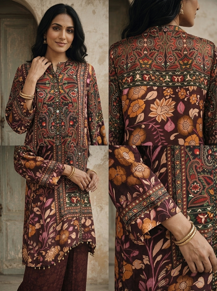 Wine Crepe Mughal Floral Printed Two Piece Set