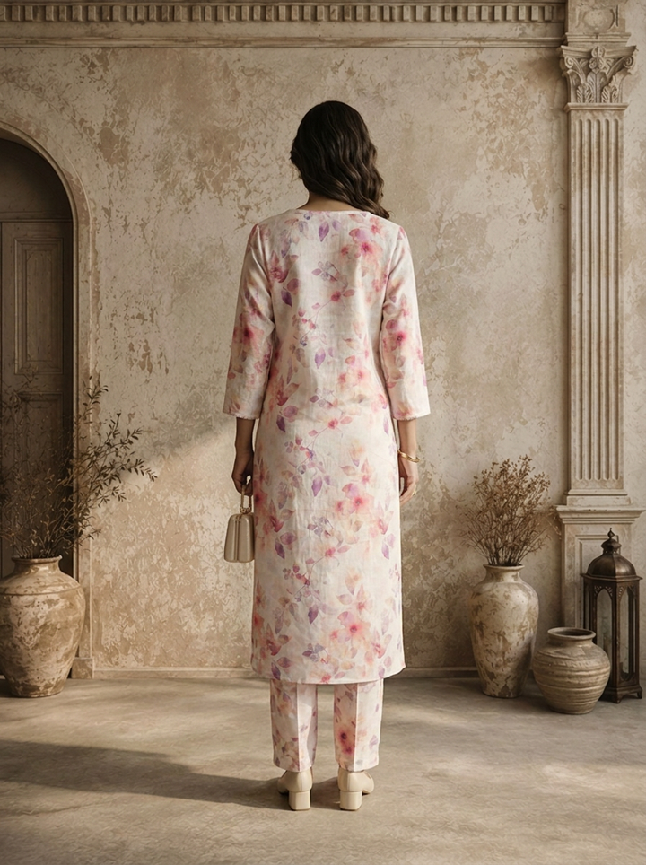 Off White Linen Digital Watercolor Floral Printed Kurta