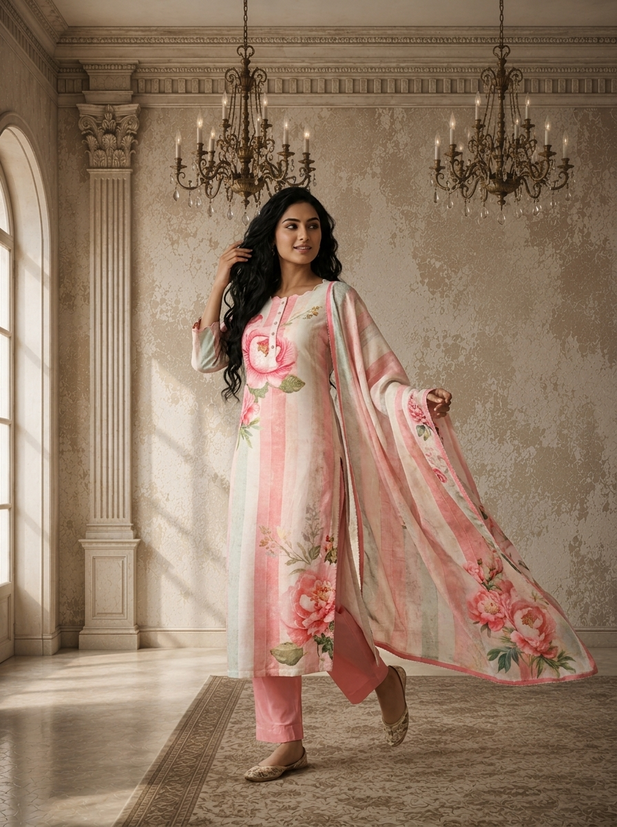 Rose Pink Linen Vertical Stripes With Large Floral Printed Three Piece Set