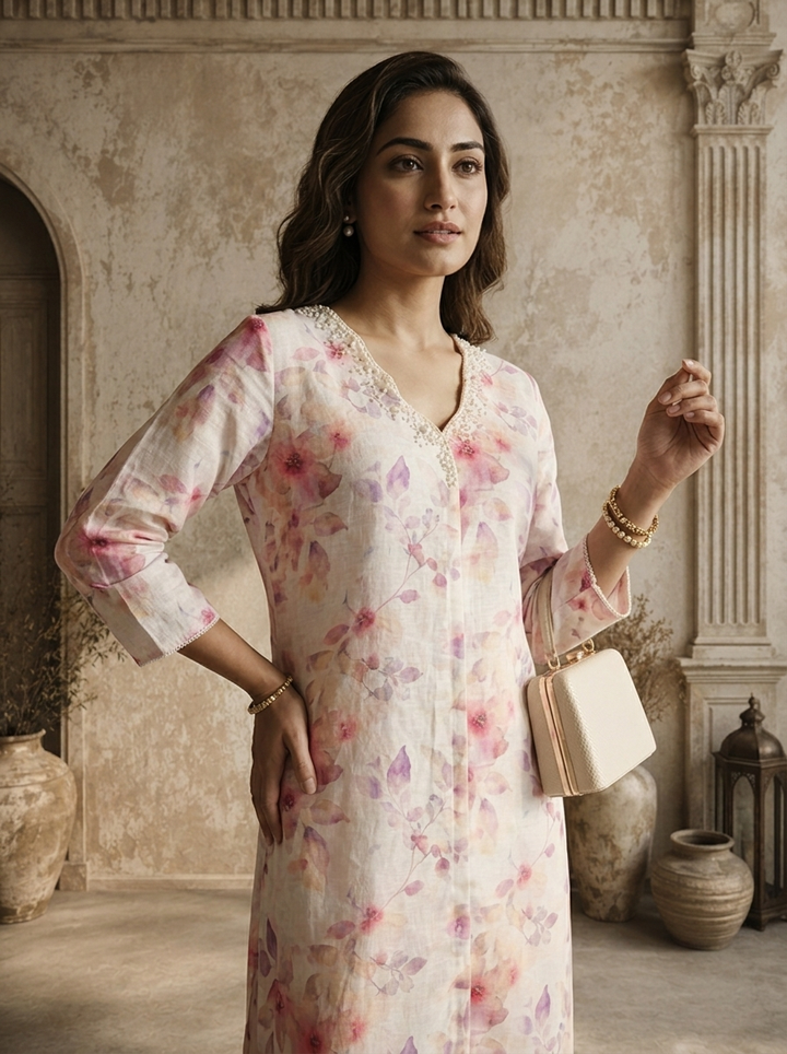 Off White Linen Digital Watercolor Floral Printed Kurta