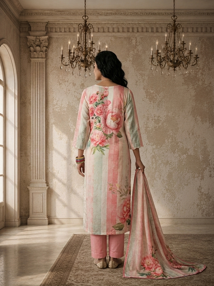 Rose Pink Linen Vertical Stripes With Large Floral Printed Three Piece Set
