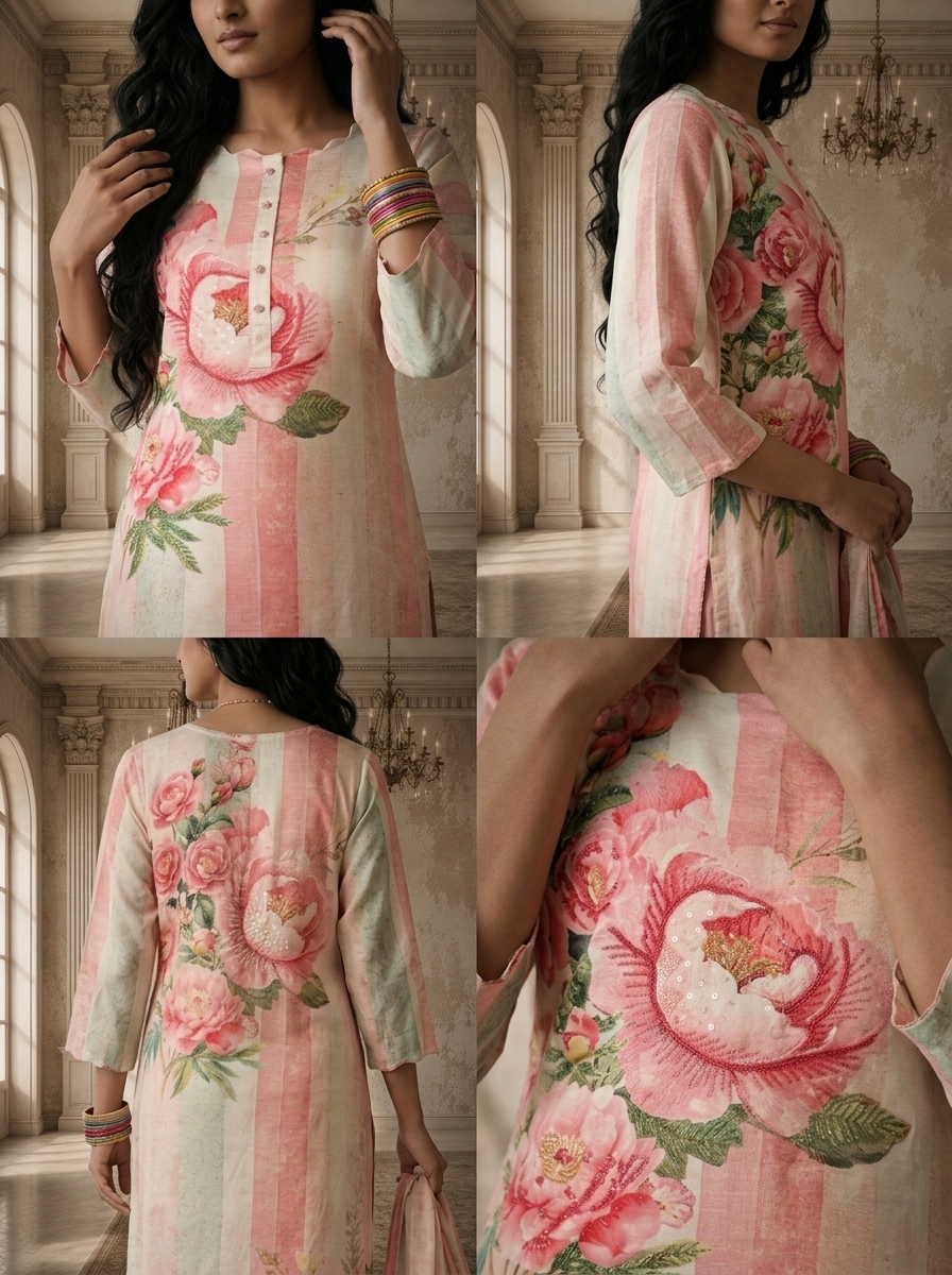 Rose Pink Linen Vertical Stripes With Large Floral Printed Three Piece Set