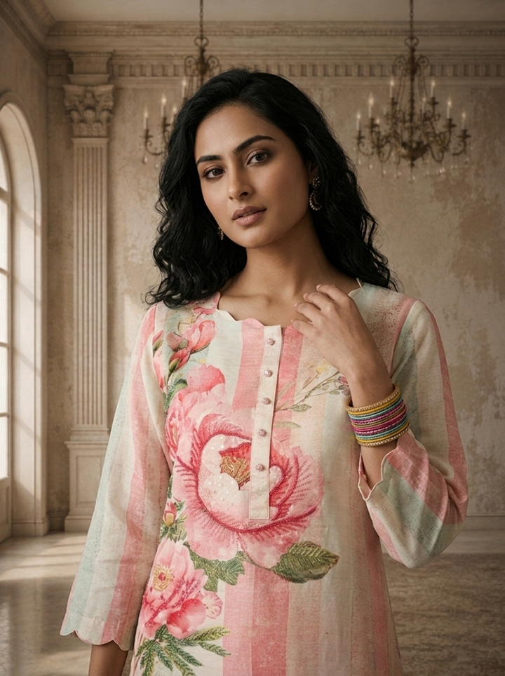 Rose Pink Linen Vertical Stripes With Large Floral Printed Three Piece Set