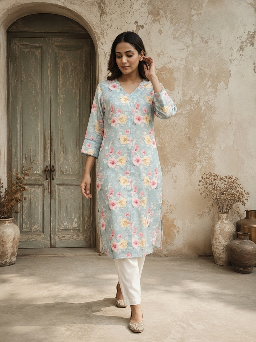 Sky Blue Linen Digital Watercolor Floral Printed Kurta