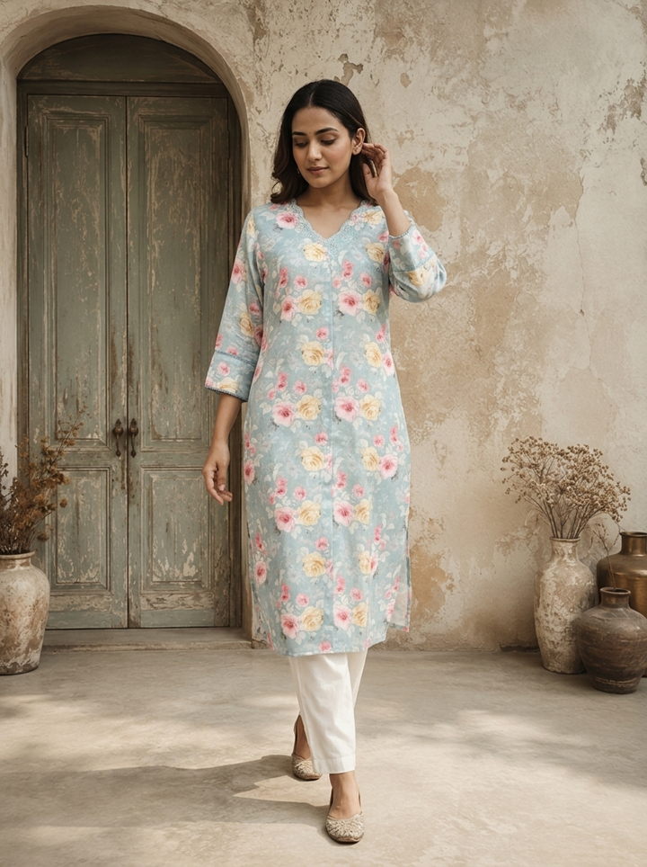 Sky Blue Linen Digital Watercolor Floral Printed Kurta