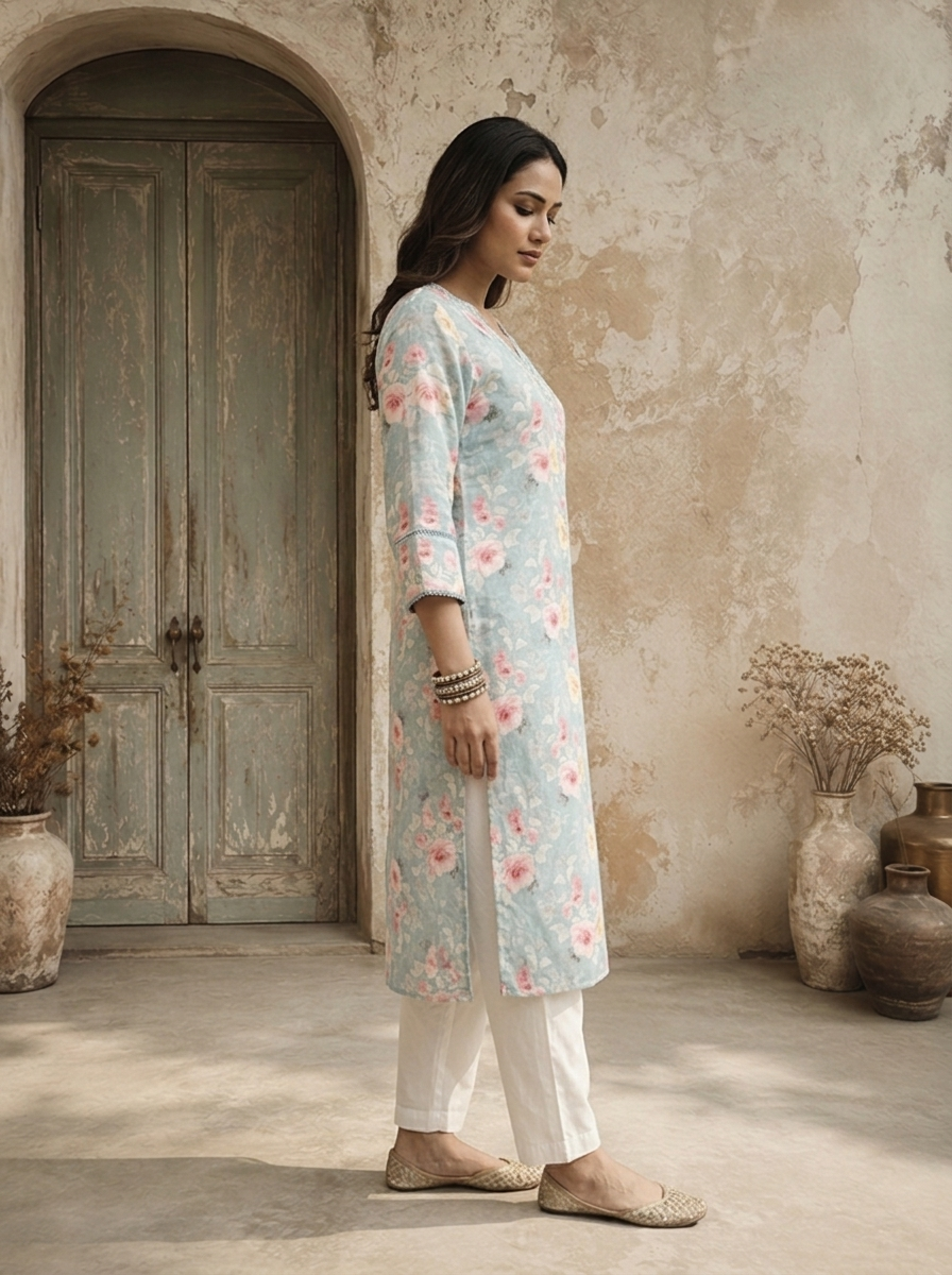 Sky Blue Linen Digital Watercolor Floral Printed Kurta