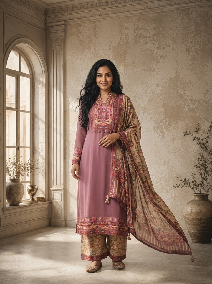 Lilac Georgette Plain With Kashmiri Printed Three Piece Set