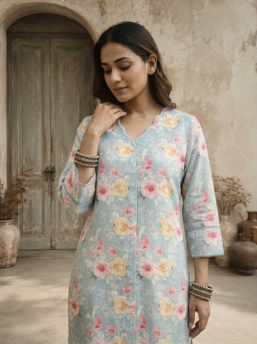 Sky Blue Linen Digital Watercolor Floral Printed Kurta