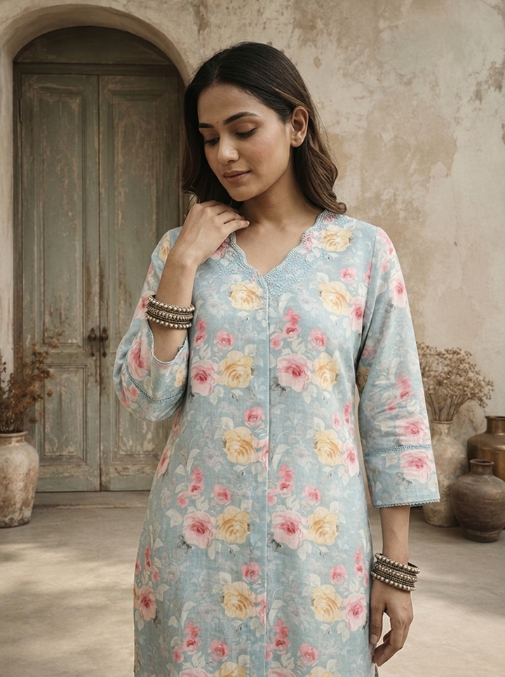 Sky Blue Linen Digital Watercolor Floral Printed Kurta