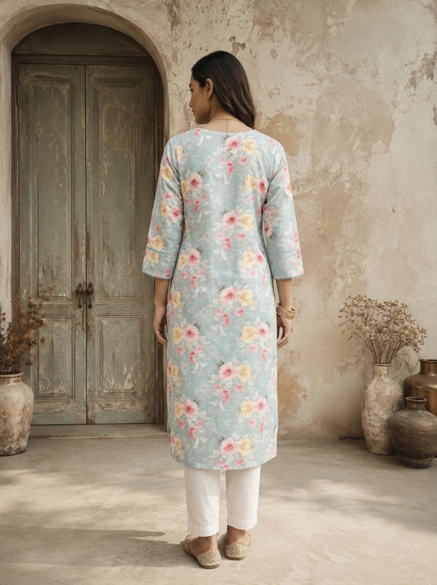 Sky Blue Linen Digital Watercolor Floral Printed Kurta