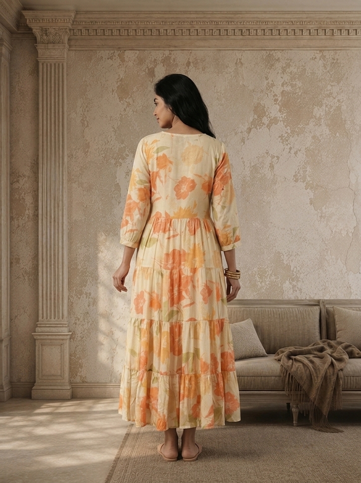 Cream Muslin Watercolor Floral Printed Dress