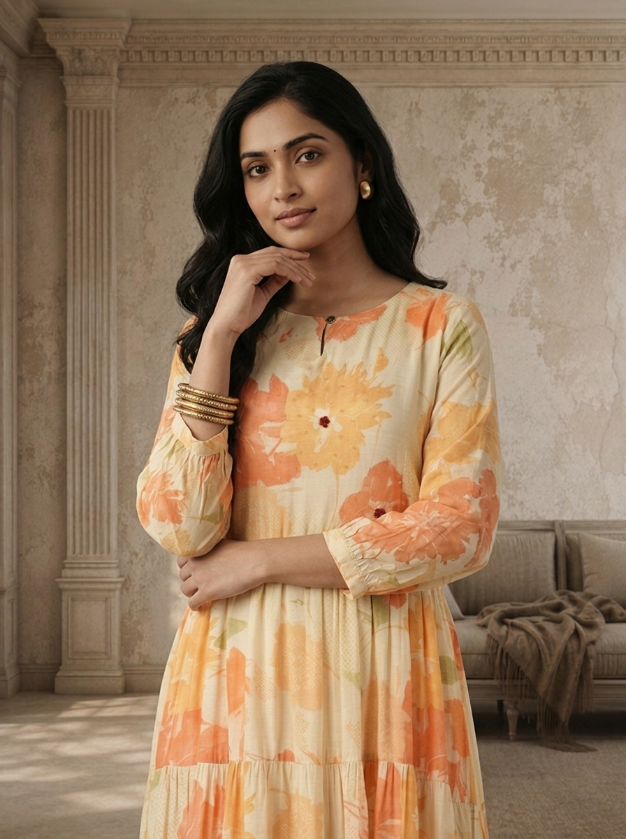 Cream Muslin Watercolor Floral Printed Dress
