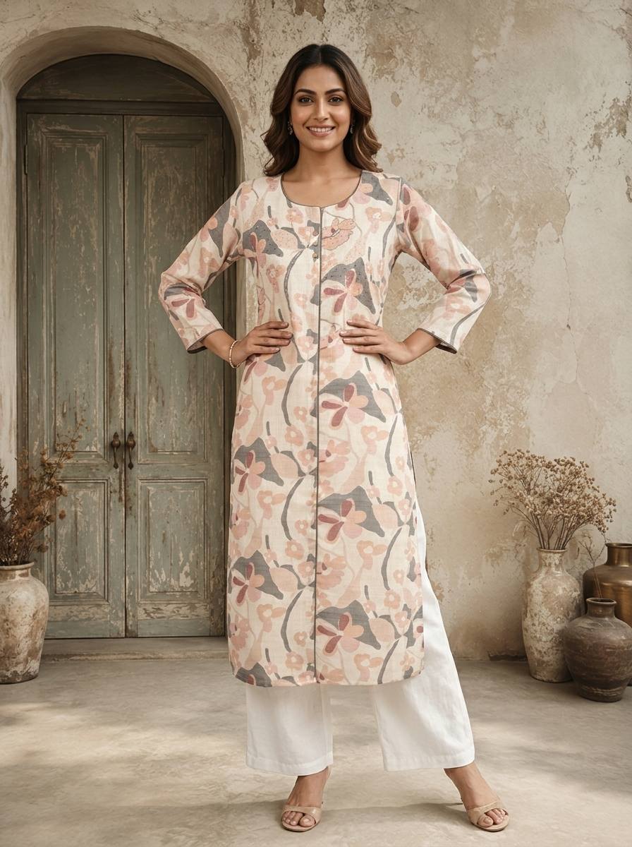 Cream Linen Digital Watercolor Floral Printed Kurta