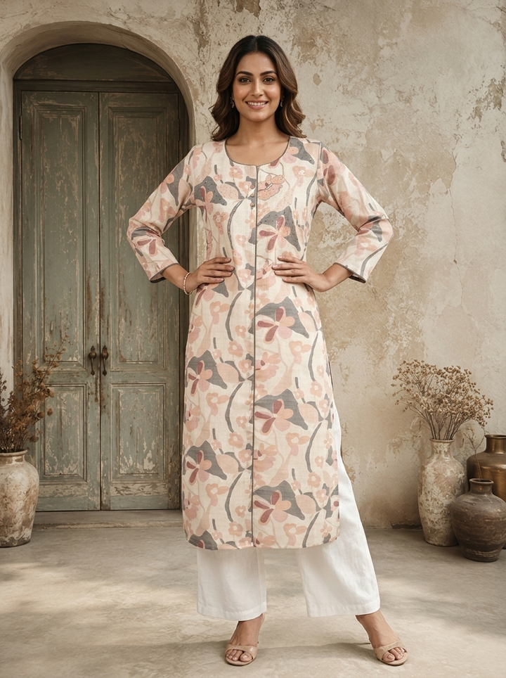 Cream Linen Digital Watercolor Floral Printed Kurta