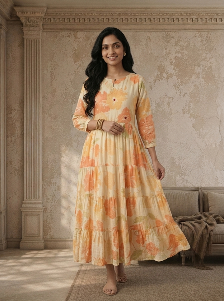 Cream Muslin Watercolor Floral Printed Dress