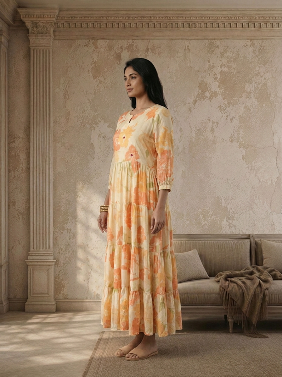 Cream Muslin Watercolor Floral Printed Dress