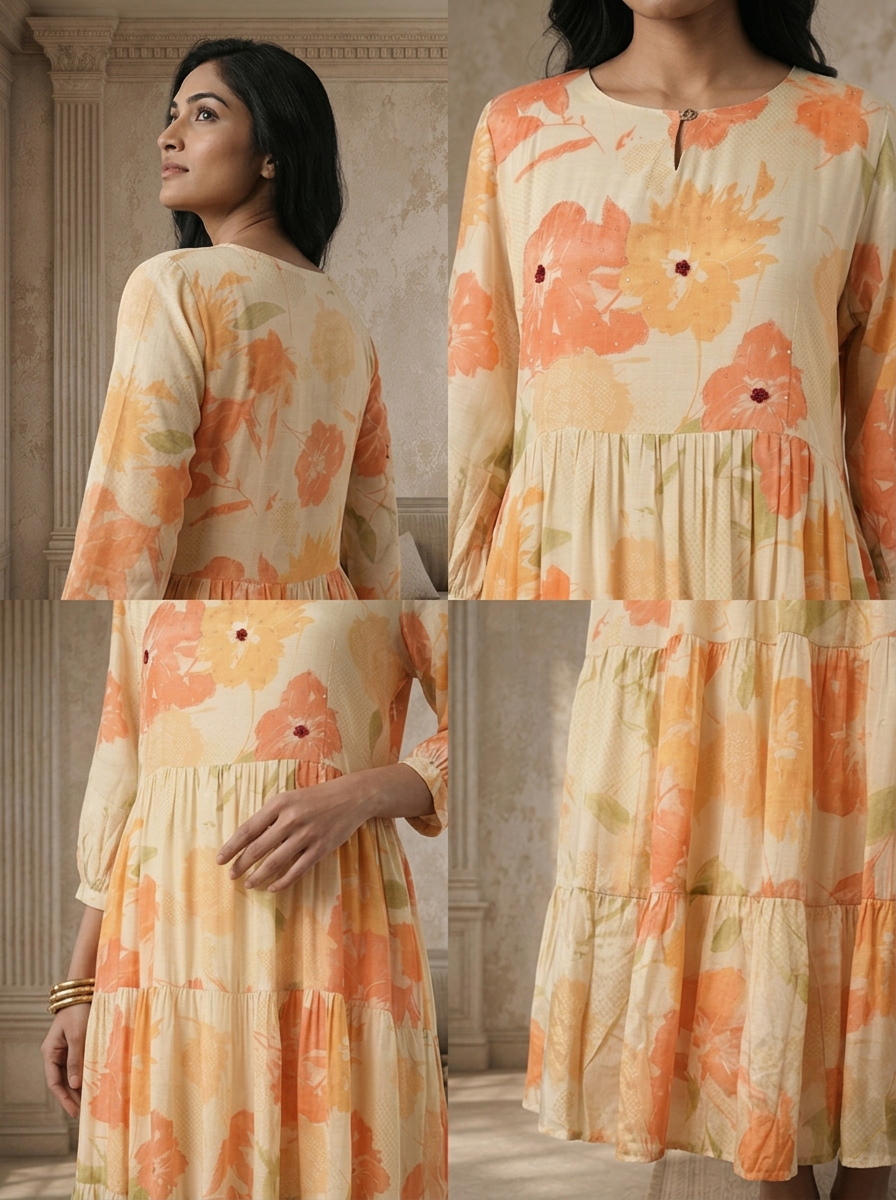 Cream Muslin Watercolor Floral Printed Dress