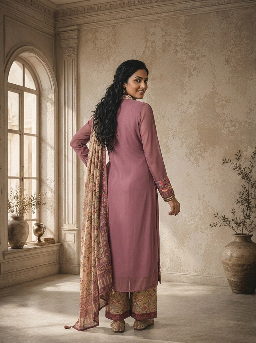 Lilac Georgette Plain With Kashmiri Printed Three Piece Set