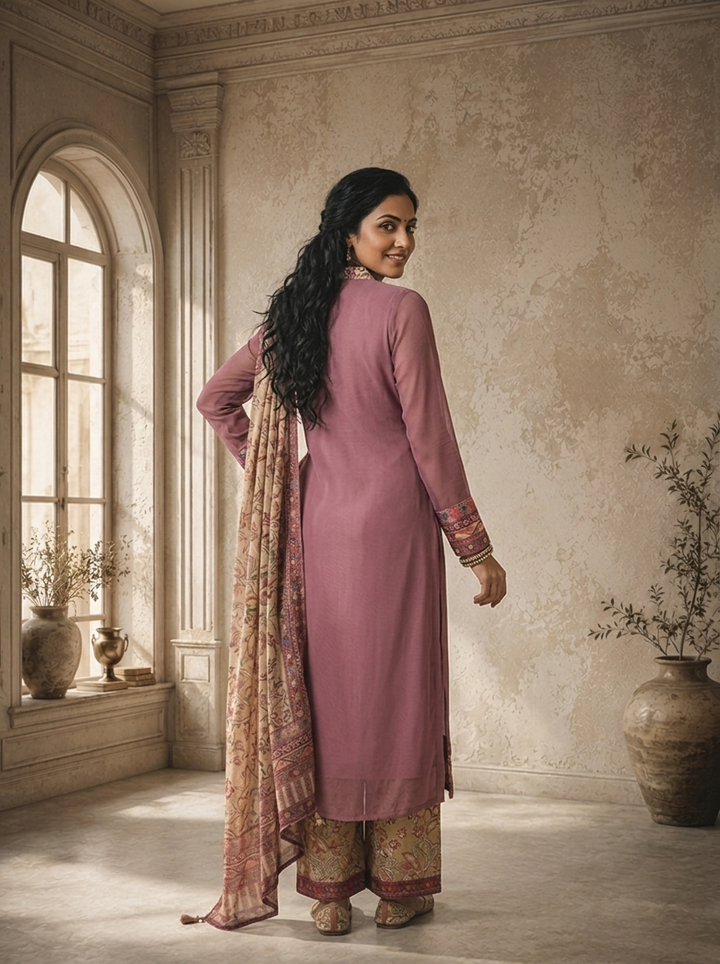Lilac Georgette Plain With Kashmiri Printed Three Piece Set