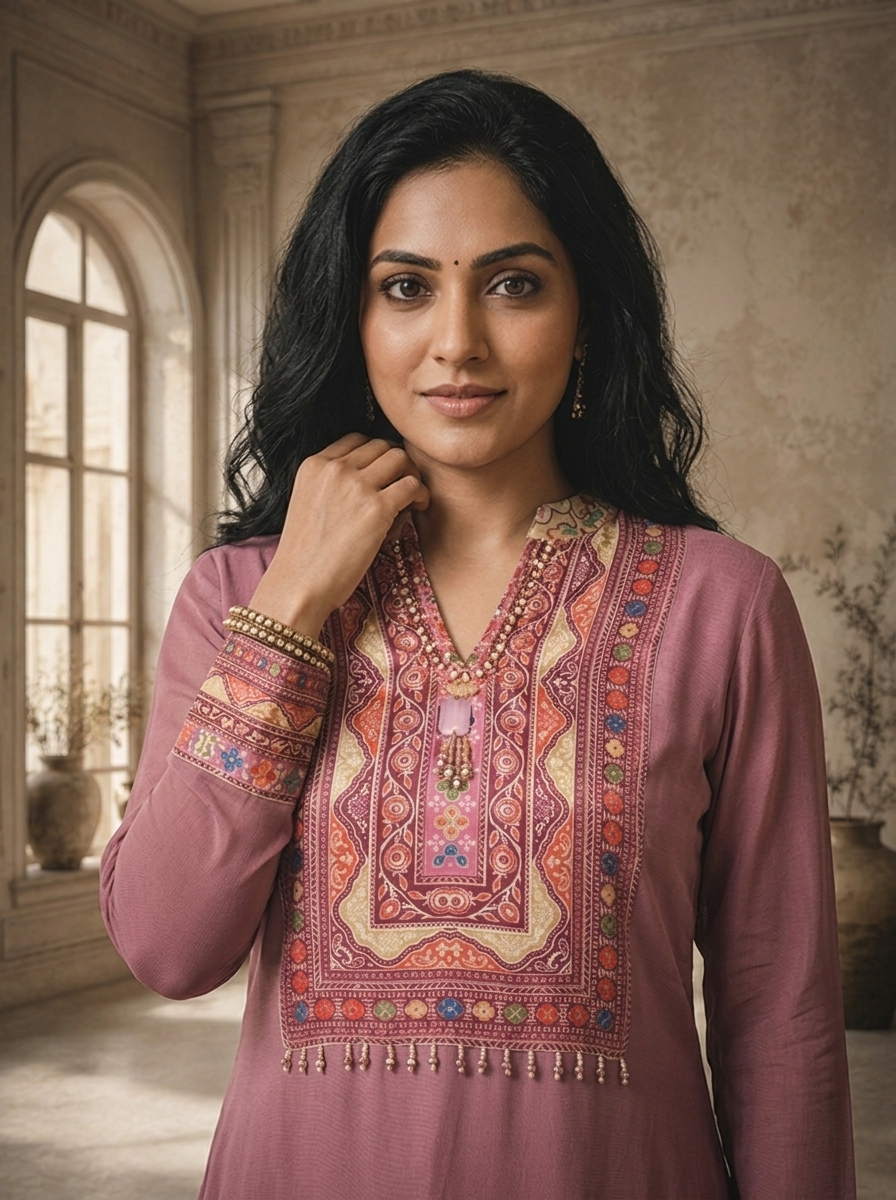 Lilac Georgette Plain With Kashmiri Printed Three Piece Set