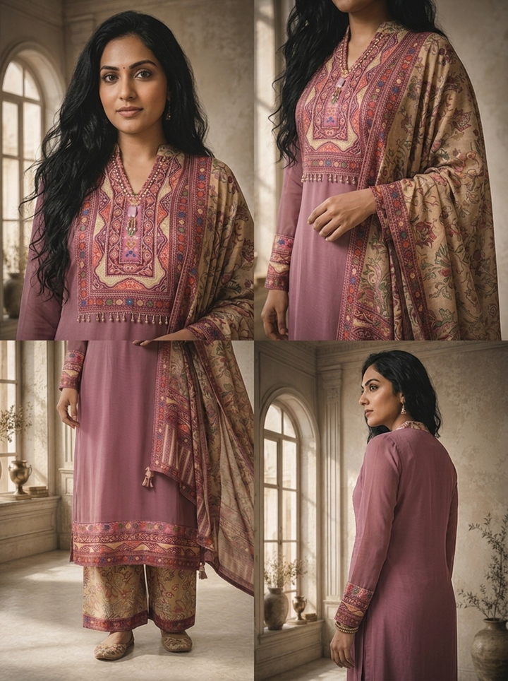 Lilac Georgette Plain With Kashmiri Printed Three Piece Set