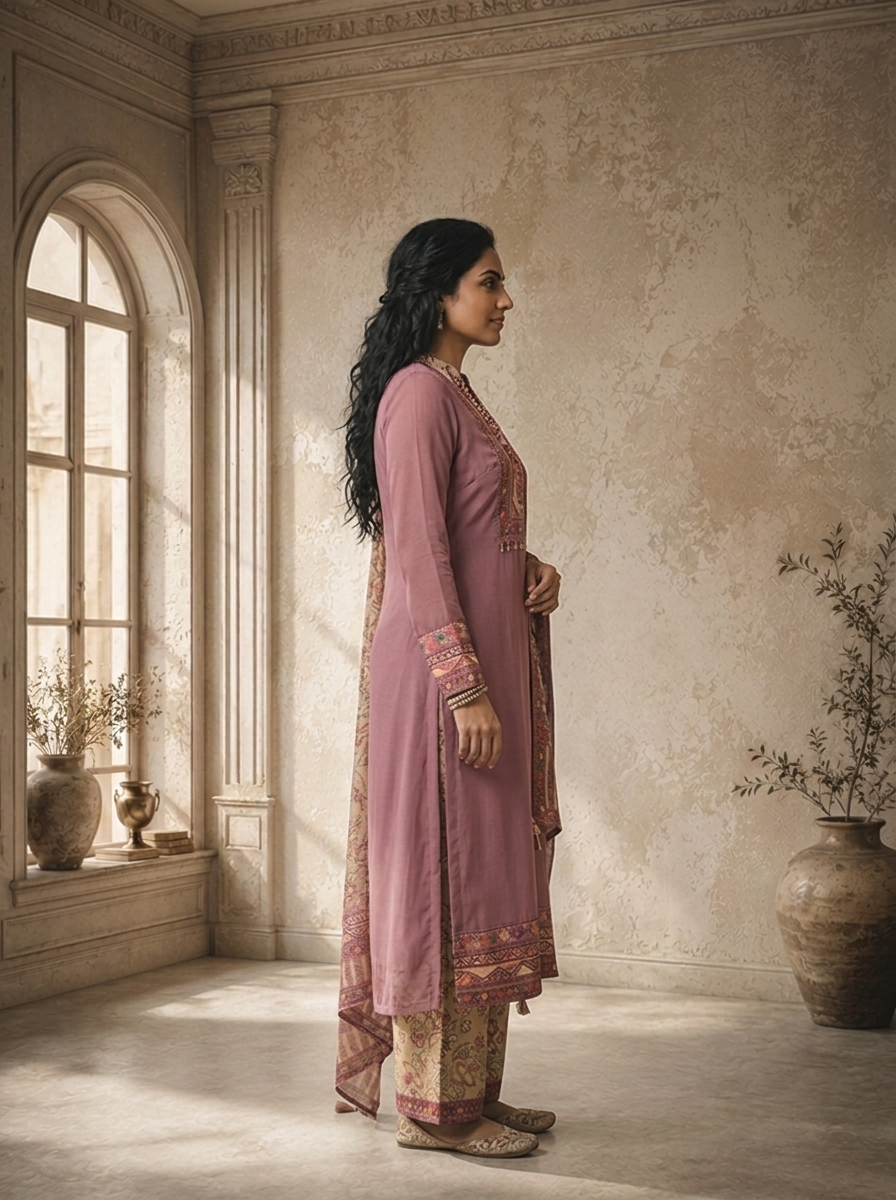 Lilac Georgette Plain With Kashmiri Printed Three Piece Set