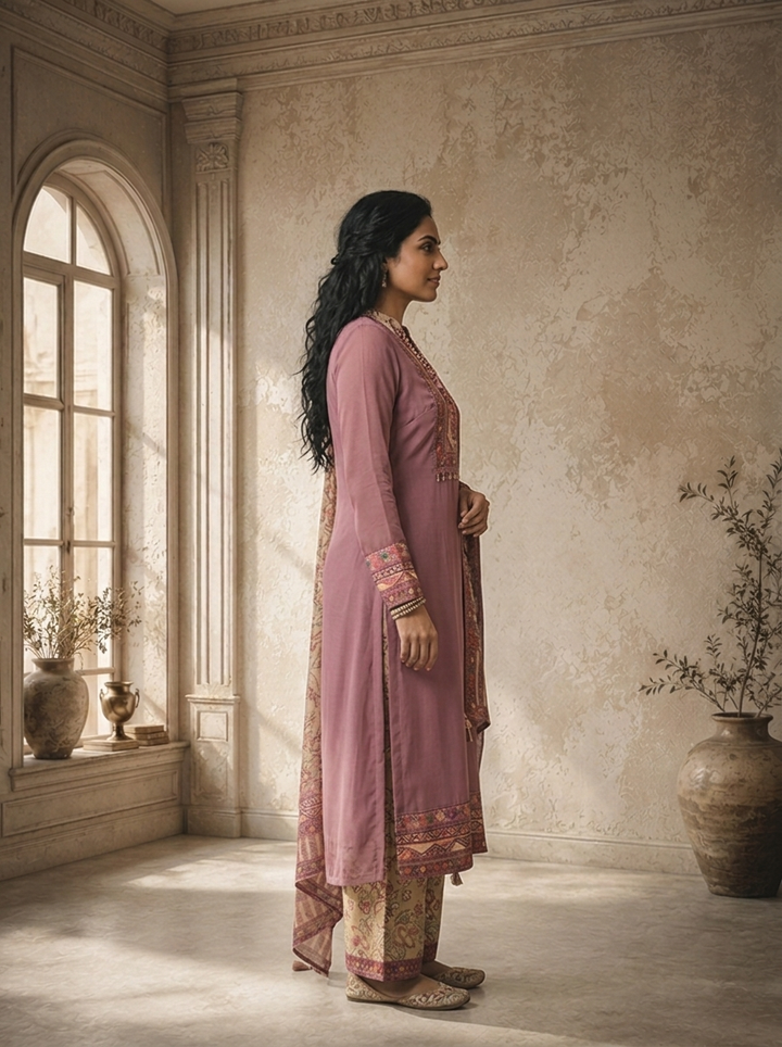 Lilac Georgette Plain With Kashmiri Printed Three Piece Set