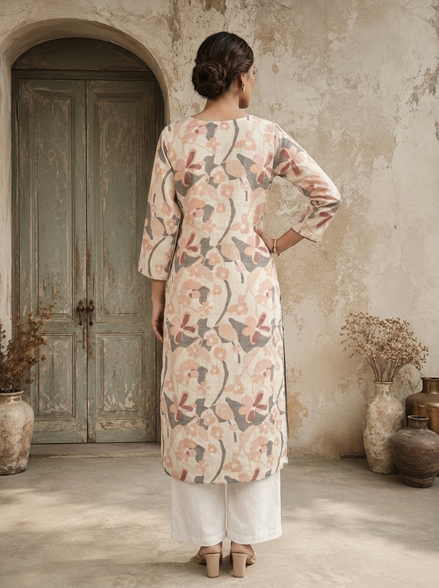 Cream Linen Digital Watercolor Floral Printed Kurta