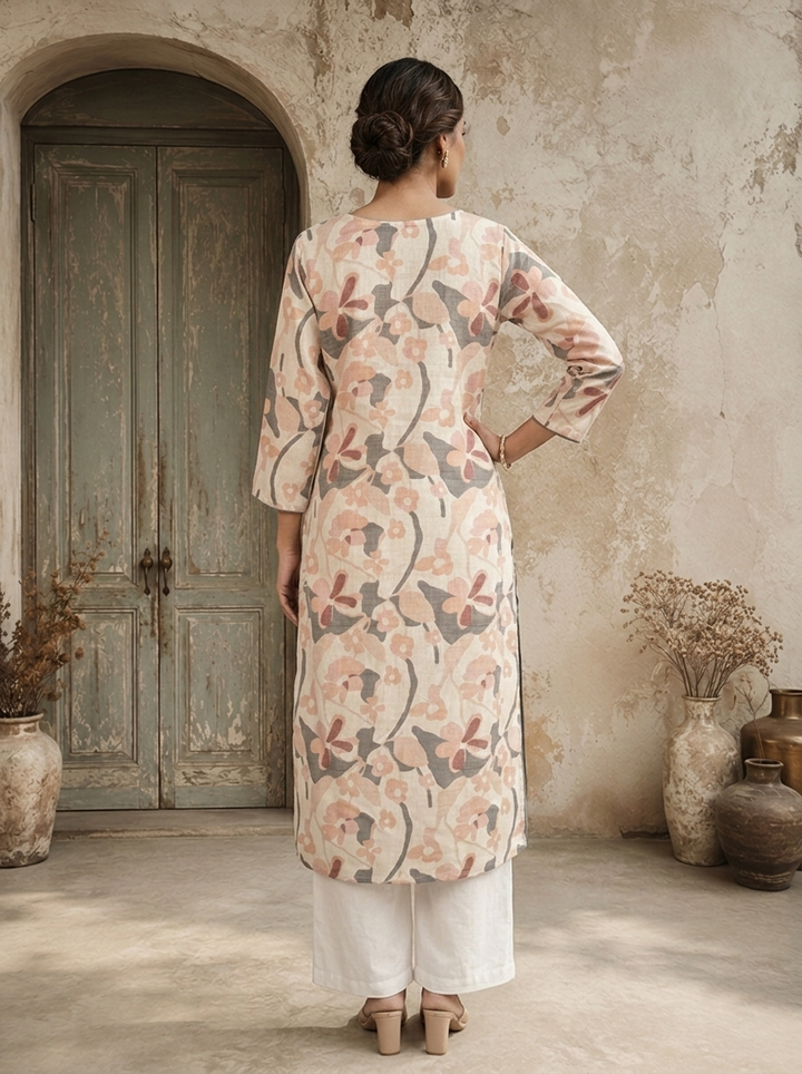 Cream Linen Digital Watercolor Floral Printed Kurta