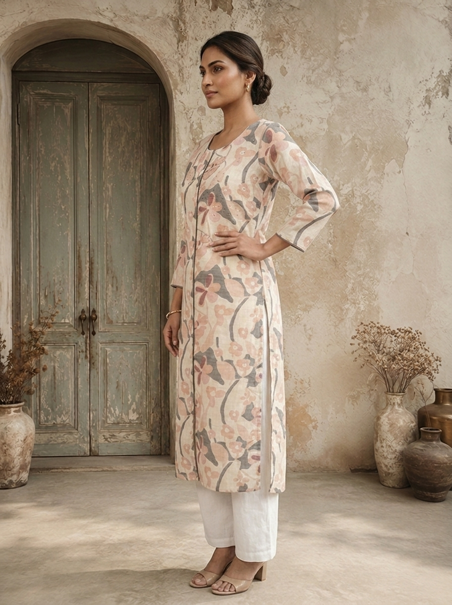 Cream Linen Digital Watercolor Floral Printed Kurta